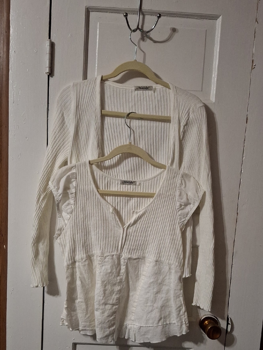 Bohemian Malo Cream Layered Rib-Knit & Woven Long Sleeve Top (Mis270) 2 piece